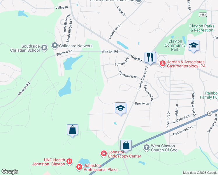 map of restaurants, bars, coffee shops, grocery stores, and more near 3079 Day Flower Drive in Clayton