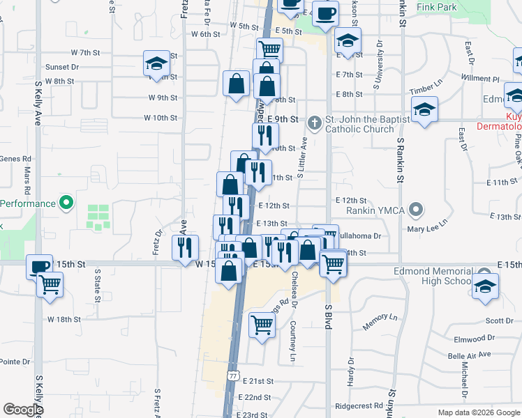 map of restaurants, bars, coffee shops, grocery stores, and more near 21 East 12th Street in Edmond
