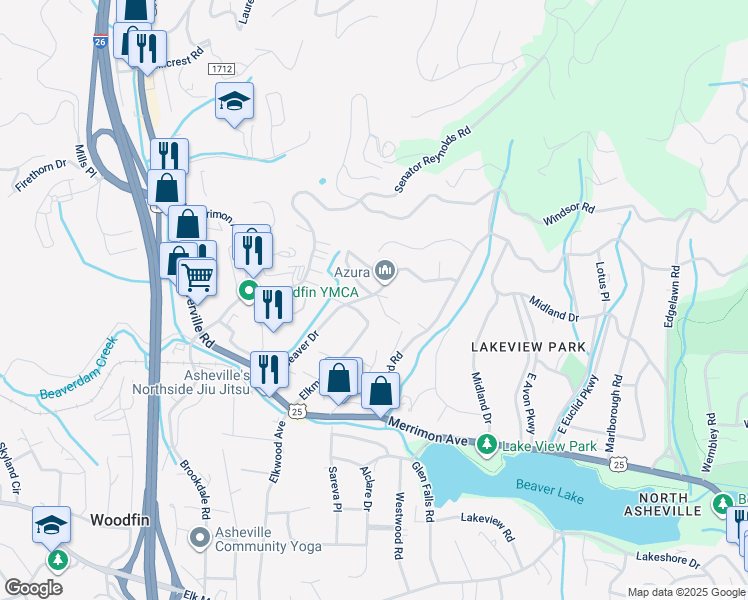 map of restaurants, bars, coffee shops, grocery stores, and more near 14 Pineview Road in Asheville