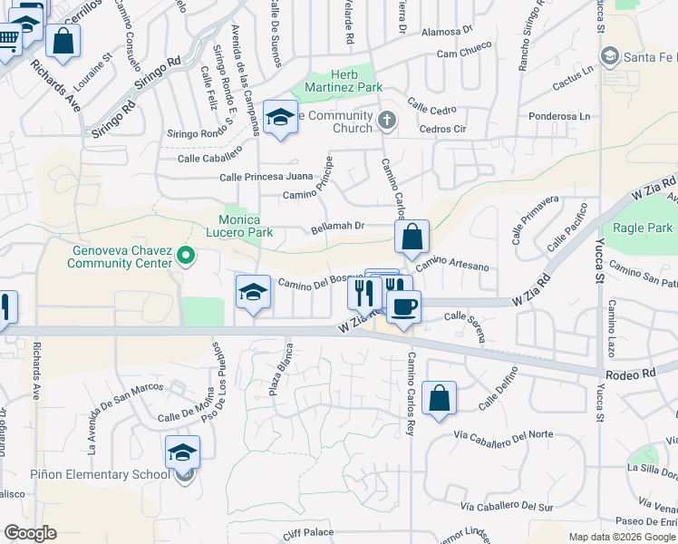 map of restaurants, bars, coffee shops, grocery stores, and more near 2819 Camino Del Bosque in Santa Fe