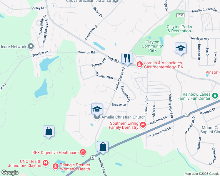 map of restaurants, bars, coffee shops, grocery stores, and more near 36 Gregory Drive in Clayton