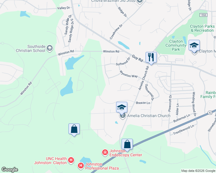 map of restaurants, bars, coffee shops, grocery stores, and more near 3076 Day Flower Drive in Clayton