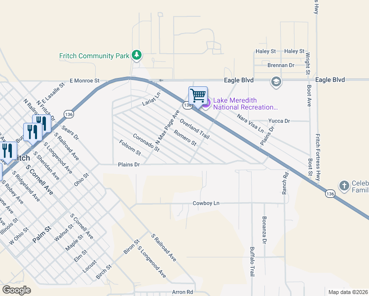 map of restaurants, bars, coffee shops, grocery stores, and more near 407 Mustang Street in Fritch