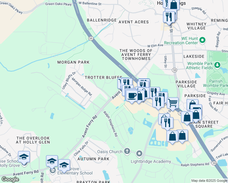 map of restaurants, bars, coffee shops, grocery stores, and more near 916 Avent Ferry Road in Holly Springs