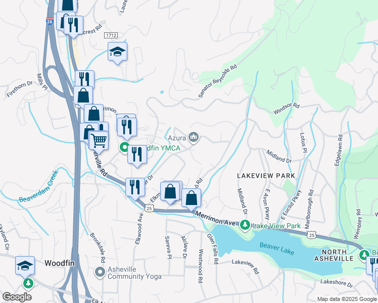 map of restaurants, bars, coffee shops, grocery stores, and more near 14 Pineview Road in Asheville