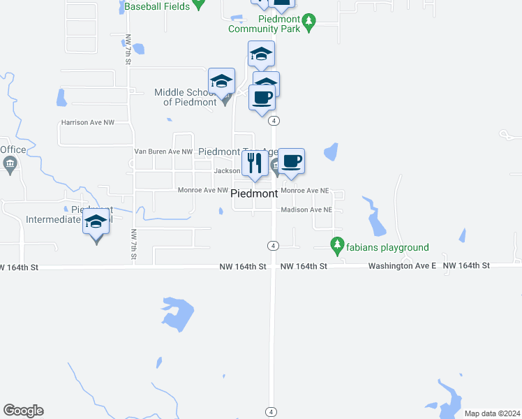 map of restaurants, bars, coffee shops, grocery stores, and more near 2-98 Northwest Madison Avenue in Piedmont