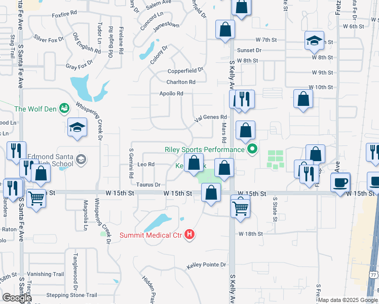 map of restaurants, bars, coffee shops, grocery stores, and more near 1202 West Gemini Road in Edmond