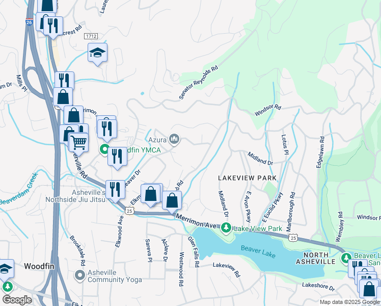 map of restaurants, bars, coffee shops, grocery stores, and more near 8 Mayfield Road in Asheville