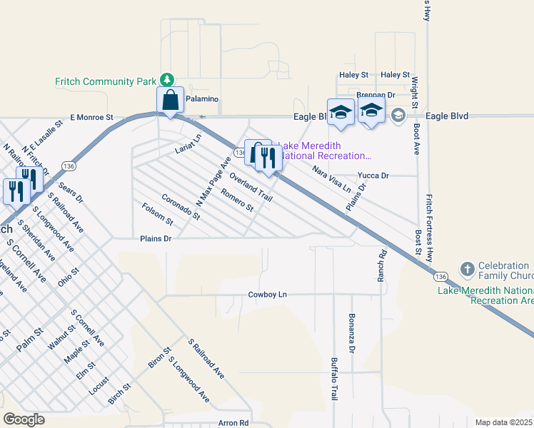 map of restaurants, bars, coffee shops, grocery stores, and more near 500-508 Overland Trail in Fritch