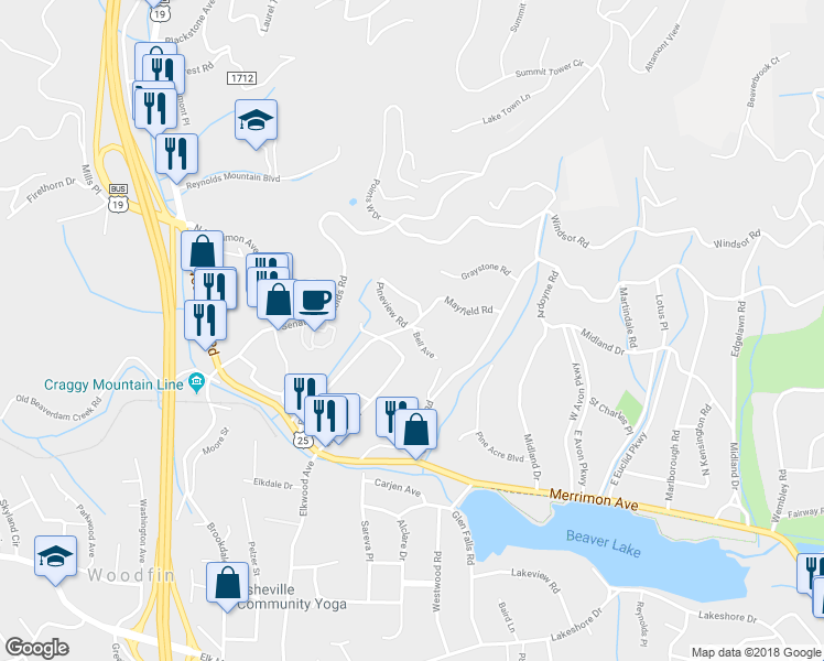 map of restaurants, bars, coffee shops, grocery stores, and more near 14 Pineview Road in Asheville