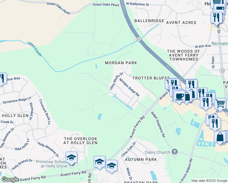 map of restaurants, bars, coffee shops, grocery stores, and more near 465 Morgan Ridge Road in Holly Springs