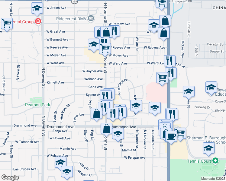 map of restaurants, bars, coffee shops, grocery stores, and more near 418 Tepatitlan Court in Ridgecrest