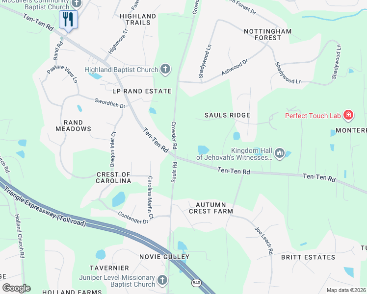 map of restaurants, bars, coffee shops, grocery stores, and more near 8733 Crowder Road in Raleigh