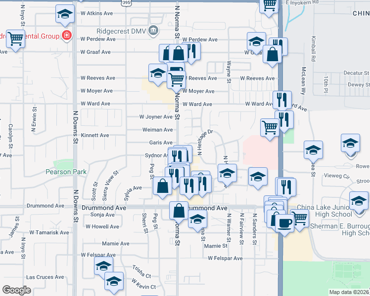 map of restaurants, bars, coffee shops, grocery stores, and more near 423 La Mancha Court in Ridgecrest