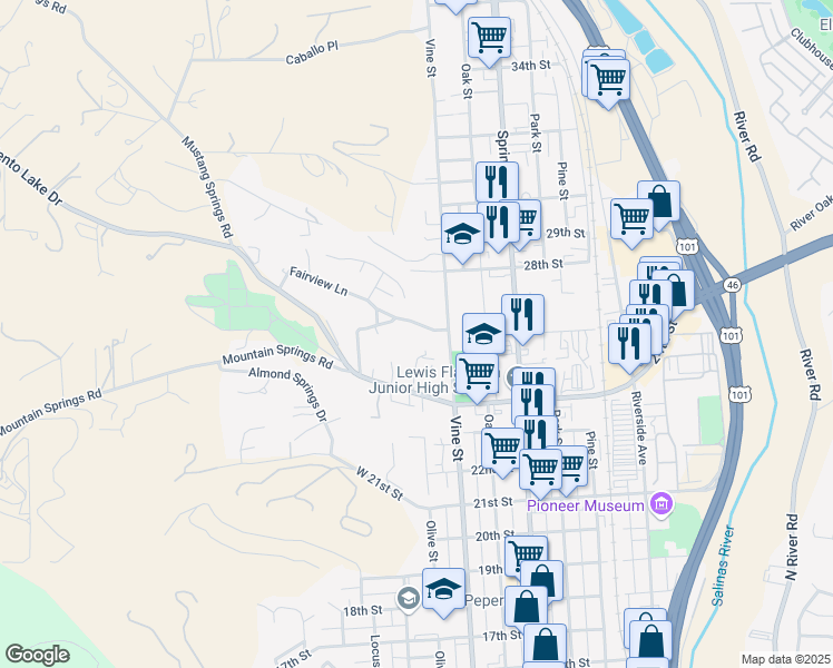 map of restaurants, bars, coffee shops, grocery stores, and more near 422 Fairview Lane in Paso Robles