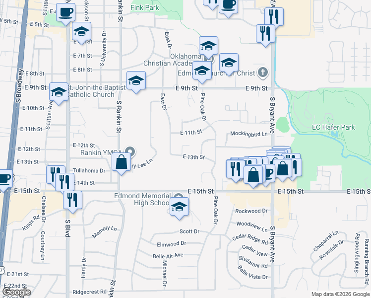 map of restaurants, bars, coffee shops, grocery stores, and more near 1217 Pine Ridge Circle in Edmond