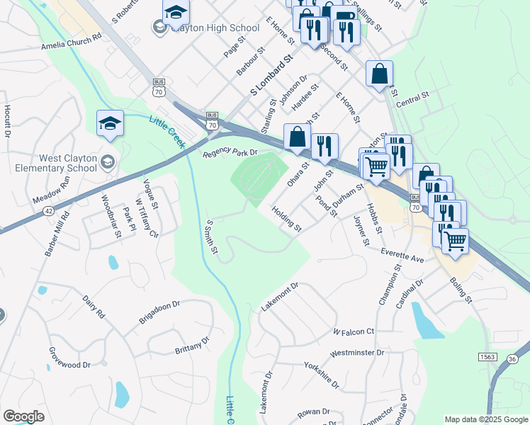 map of restaurants, bars, coffee shops, grocery stores, and more near 521 Holding Street in Clayton