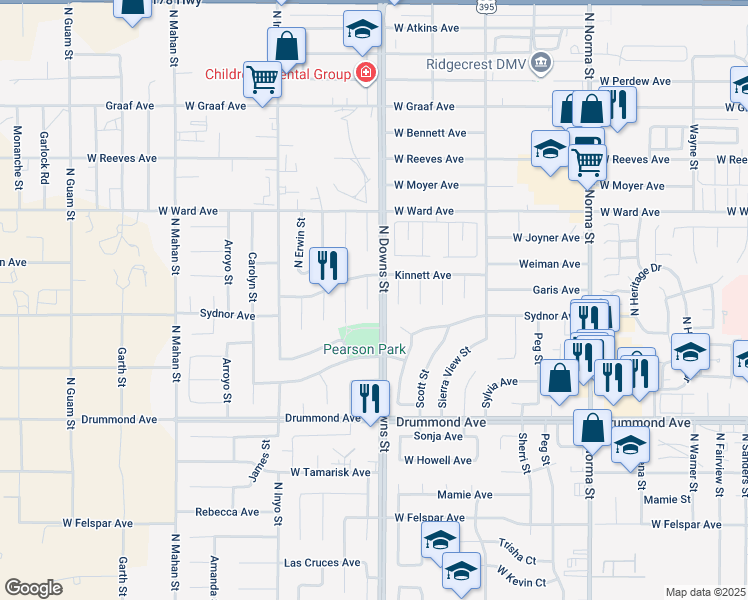 map of restaurants, bars, coffee shops, grocery stores, and more near 1114 North Las Posas Court in Ridgecrest