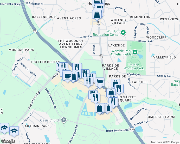 map of restaurants, bars, coffee shops, grocery stores, and more near 741 Avent Ferry Road in Holly Springs