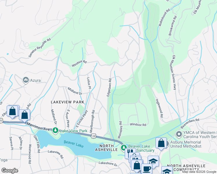 map of restaurants, bars, coffee shops, grocery stores, and more near 86 Edgelawn Road in Asheville
