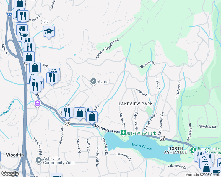 map of restaurants, bars, coffee shops, grocery stores, and more near 330 Stratford Road in Asheville
