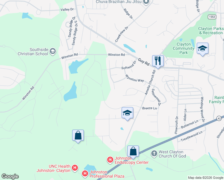 map of restaurants, bars, coffee shops, grocery stores, and more near 3062 Day Flower Drive in Clayton