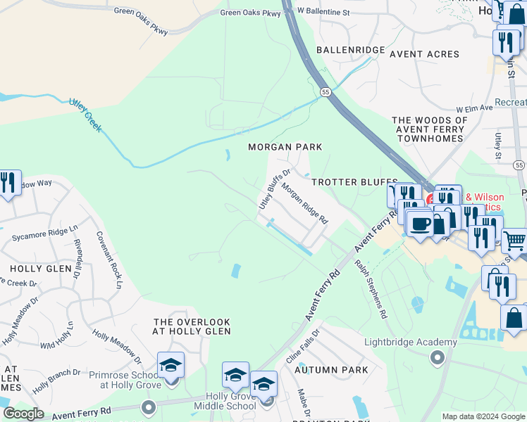 map of restaurants, bars, coffee shops, grocery stores, and more near 465 Morgan Ridge Road in Holly Springs