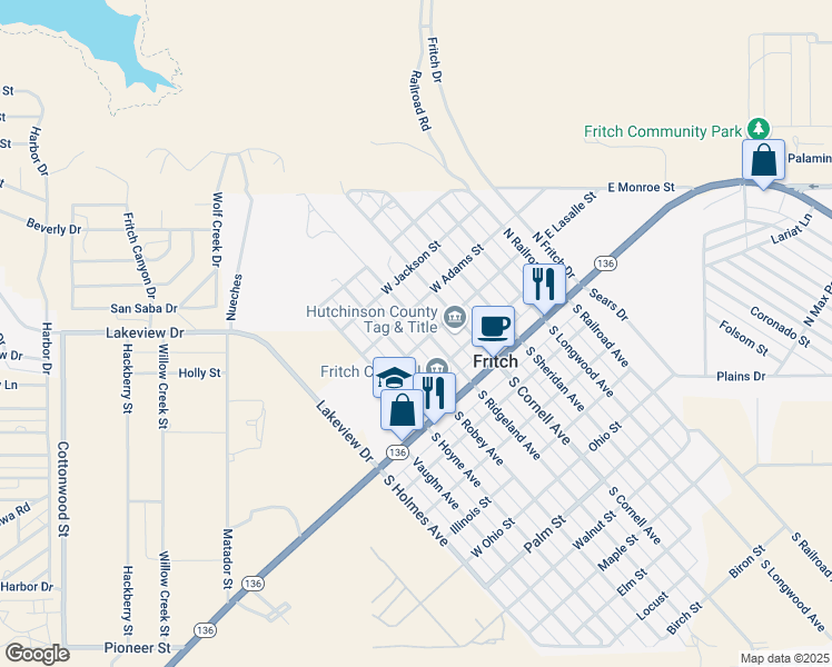 map of restaurants, bars, coffee shops, grocery stores, and more near 303 North Ridgeland Avenue in Fritch
