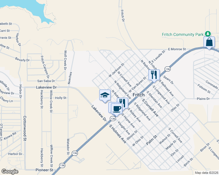 map of restaurants, bars, coffee shops, grocery stores, and more near 400 North Robey Avenue in Fritch