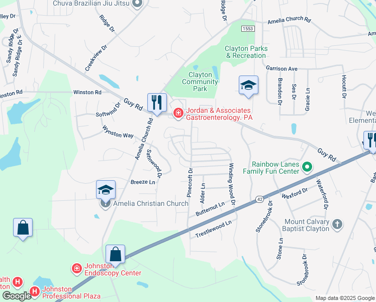map of restaurants, bars, coffee shops, grocery stores, and more near 480 Pinecroft Drive in Clayton