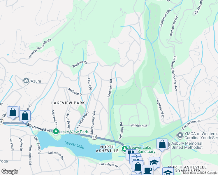 map of restaurants, bars, coffee shops, grocery stores, and more near 86 Edgelawn Road in Asheville