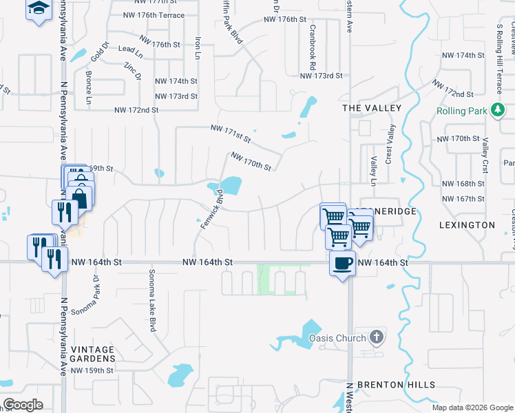 map of restaurants, bars, coffee shops, grocery stores, and more near 16901 Bradbury Circle in Edmond