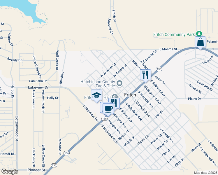map of restaurants, bars, coffee shops, grocery stores, and more near 303 North Ridgeland Avenue in Fritch