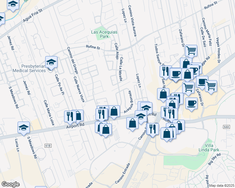 map of restaurants, bars, coffee shops, grocery stores, and more near 1423 Acequia Borrada West in Santa Fe