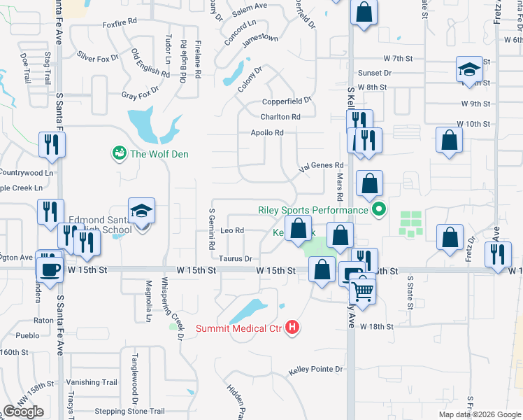 map of restaurants, bars, coffee shops, grocery stores, and more near 1310 West Gemini Road in Edmond