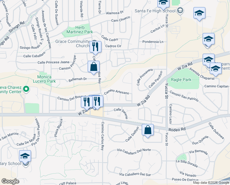 map of restaurants, bars, coffee shops, grocery stores, and more near 2718 Camino Artesano in Santa Fe