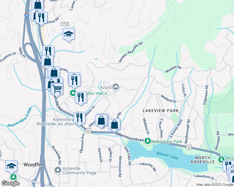 map of restaurants, bars, coffee shops, grocery stores, and more near 14 Pineview Rd in Asheville