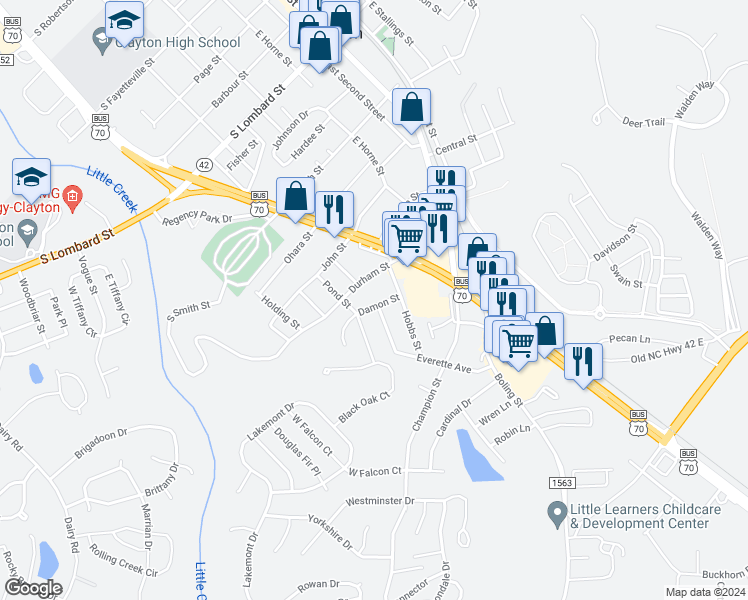 map of restaurants, bars, coffee shops, grocery stores, and more near 308 Damon Street in Clayton