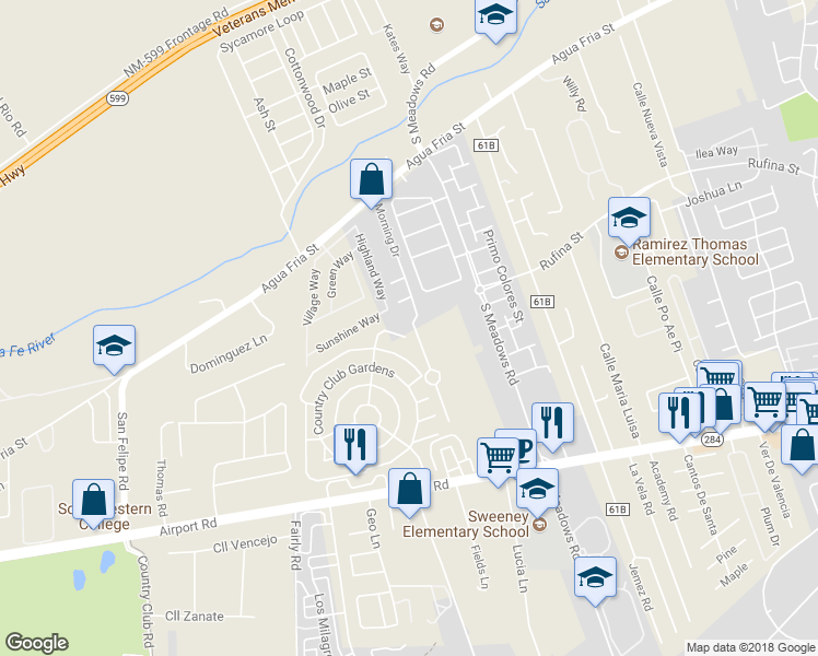 map of restaurants, bars, coffee shops, grocery stores, and more near 1110 Morning Drive in Santa Fe