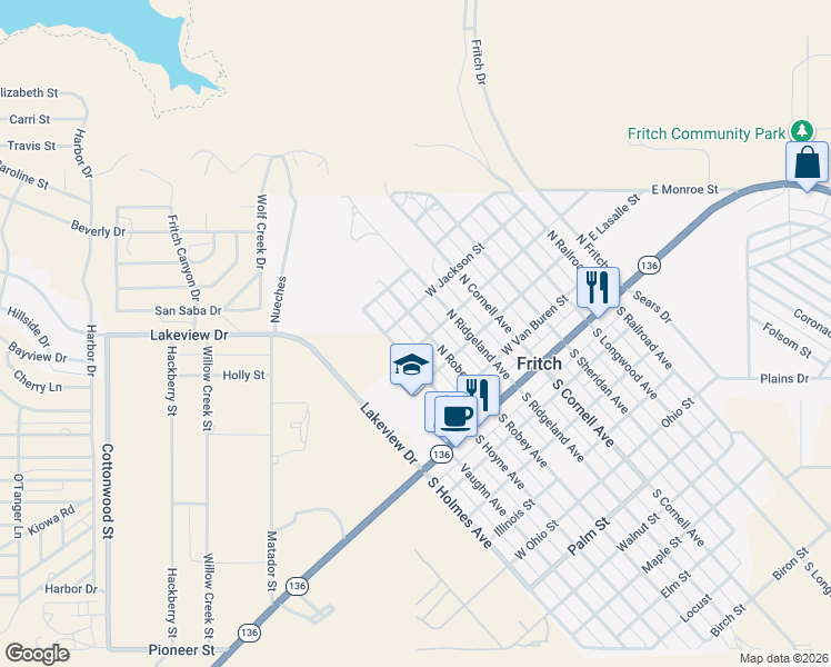 map of restaurants, bars, coffee shops, grocery stores, and more near 400-498 North Robey Avenue in Fritch