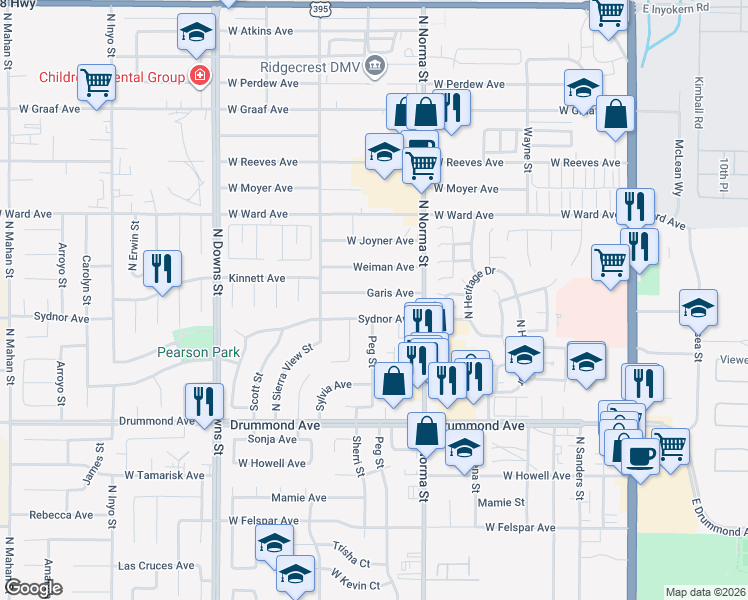 map of restaurants, bars, coffee shops, grocery stores, and more near 543 Garis Avenue in Ridgecrest