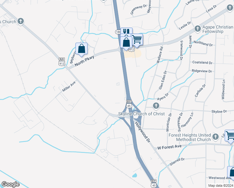 map of restaurants, bars, coffee shops, grocery stores, and more near 1301-1315 U.S. 45 Bypass in Jackson