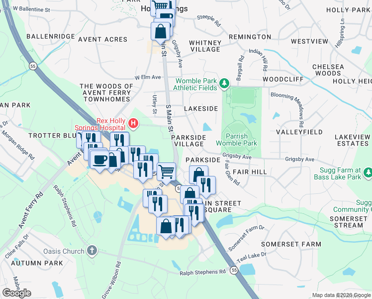map of restaurants, bars, coffee shops, grocery stores, and more near 851 South Main Street in Holly Springs