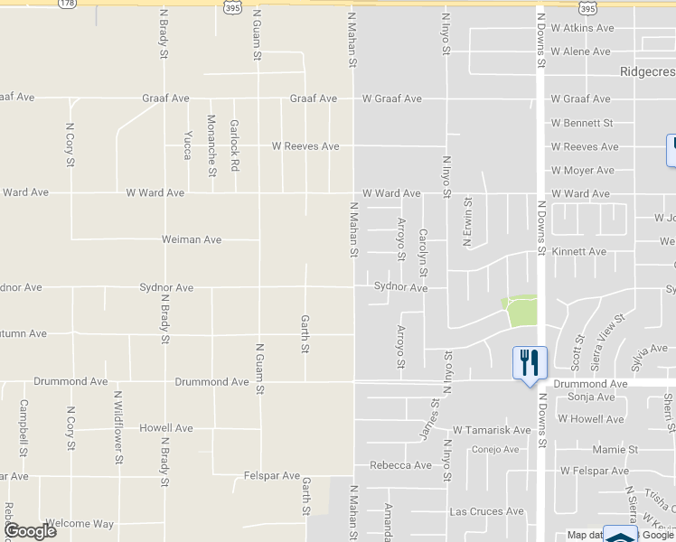 map of restaurants, bars, coffee shops, grocery stores, and more near 1135 North Mahan Street in Ridgecrest