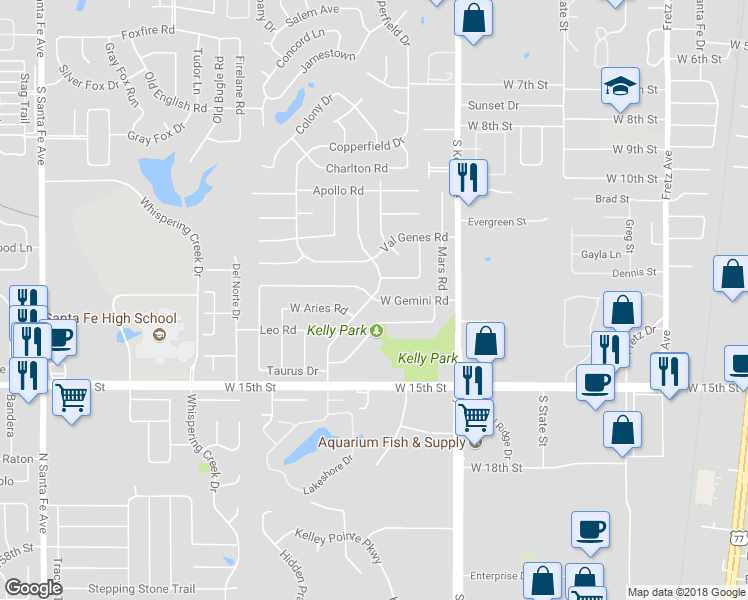 map of restaurants, bars, coffee shops, grocery stores, and more near 1114 West Gemini Road in Edmond