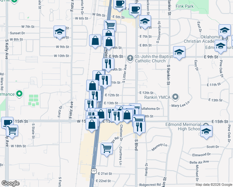 map of restaurants, bars, coffee shops, grocery stores, and more near 45 East 12th Street in Edmond