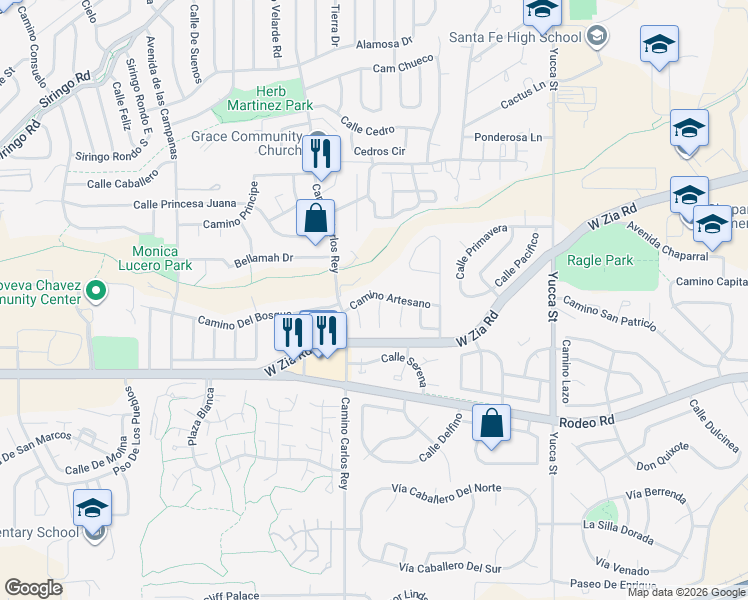 map of restaurants, bars, coffee shops, grocery stores, and more near 2718 Camino Artesano in Santa Fe