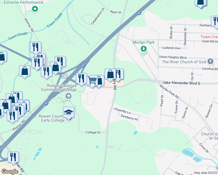 map of restaurants, bars, coffee shops, grocery stores, and more near Jake Alexander Boulevard South in Salisbury