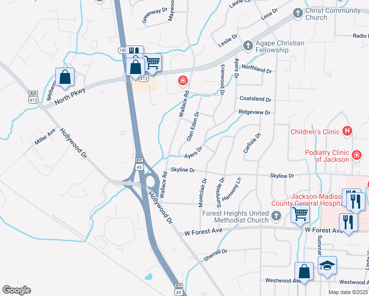 map of restaurants, bars, coffee shops, grocery stores, and more near 19 Glen Eden Drive in Jackson