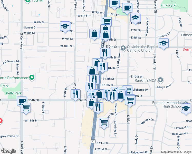 map of restaurants, bars, coffee shops, grocery stores, and more near 1129 South Broadway in Edmond